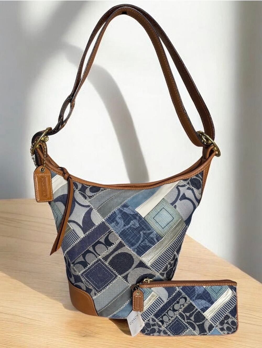 Y2K Coach 12213 Signature Denim Patchwork Bucket Bag & Wristlet